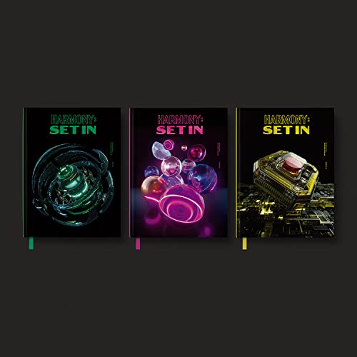 Three P1harmony album covers with neon, abstract digital art on black backgrounds.