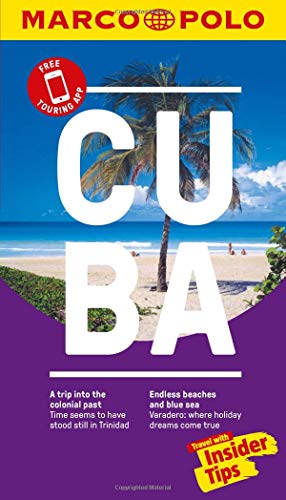 "Travel guide book cover with 'CUBA' on a beach scene, purple and yellow background."