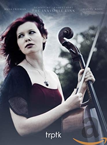 Cellist Maya Fridman with her instrument, album cover for "The Invisible Link".
