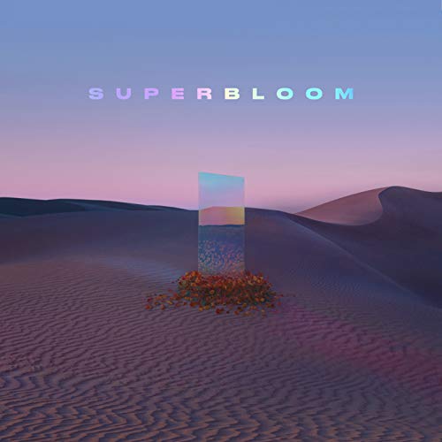 "Desert landscape with flowers and a glass-like structure, pastel sky, and "SUPERBLOOM" text above."