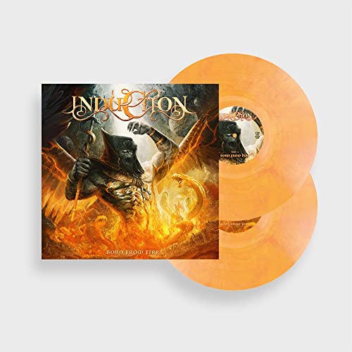 Yellow and red marbled vinyl record with fantasy-themed album art.
