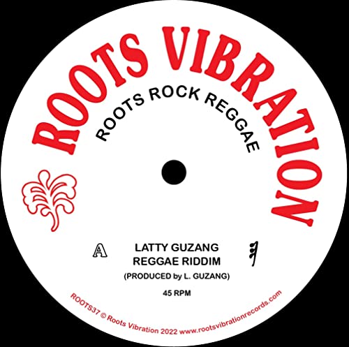 Red and white vinyl record label with “Roots Vibration” text and black center hole.