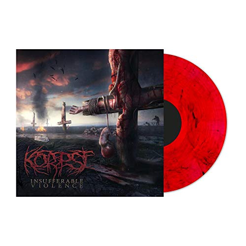 Dark album cover with a crucified figure and a red vinyl record.