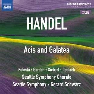 "CD cover featuring a green and purple landscape with white text, titled 'Handel Acis and Galatea'."
