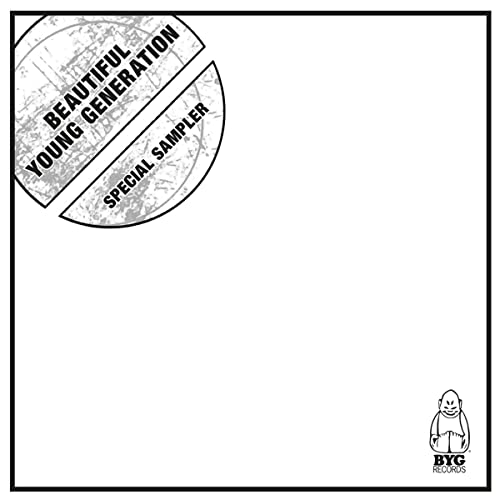 White vinyl record cover with black text and a small cartoon figure.