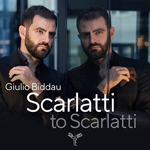Portrait of pianist Giulio Biddau with album title "Scarlatti to Scarlatti".