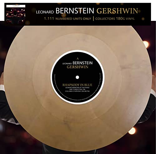 A beige marbled vinyl record with a black center label featuring Gershwin text.
