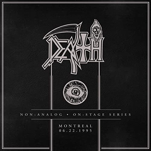 Death album cover: skull, grim reaper, eye, and concert details.