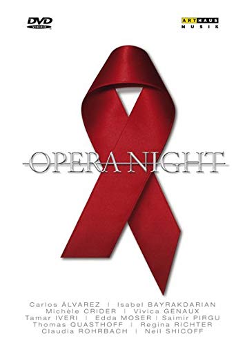 "Red ribbon on white background with 'Opera Night' text and performer names listed."
