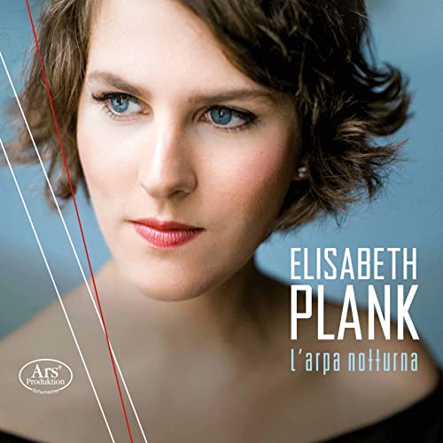 Close-up portrait of Elisabeth Plank, harpist, with album title overlay.