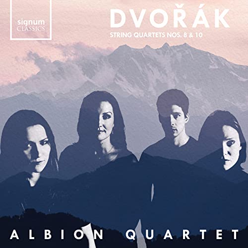 CD cover: Dvorak string quartets with quartet members and mountains.