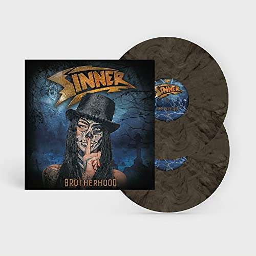 Sinner āBrotherhoodā vinyl record with marbled grey, white, and black coloring.