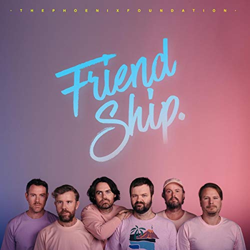 "Album cover featuring six men in pastel shirts against a purple and pink gradient background."