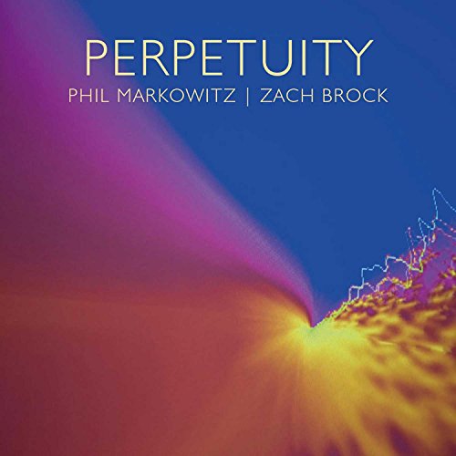 "Album cover with 'Perpetuity' title, abstract purple, orange, and yellow design on blue background."
