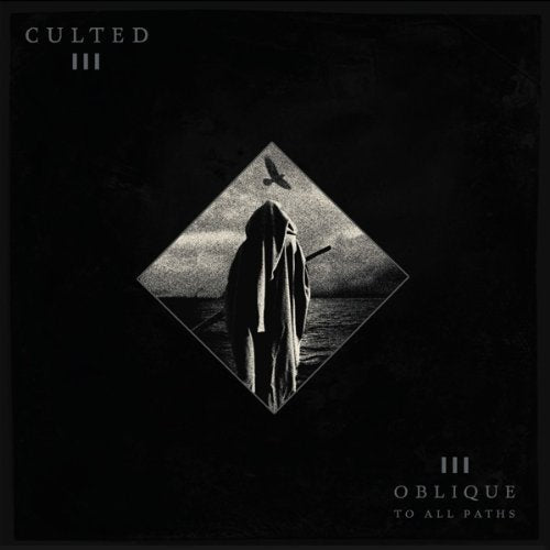 "Black album cover with a diamond-shaped image of a hooded figure and bird."