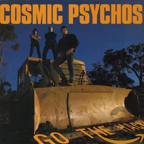 CD cover: three people stand on and near a large earthmover.