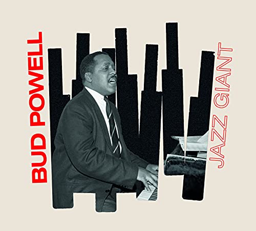Bud Powell at a piano, album cover with red text and black bars.
