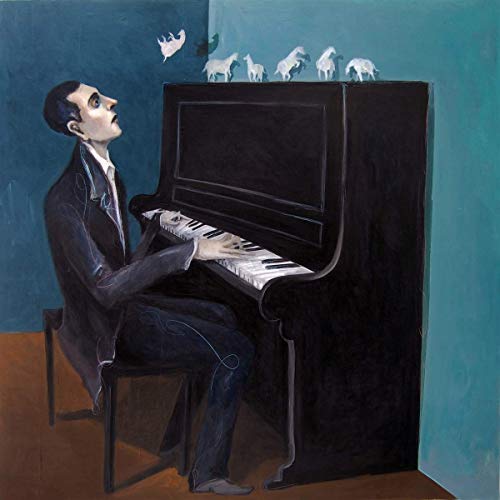 Painted album cover: man at piano with floating horses above.