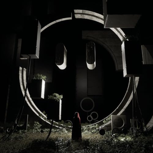 Dark, abstract architectural scene with a figure facing a large circle.