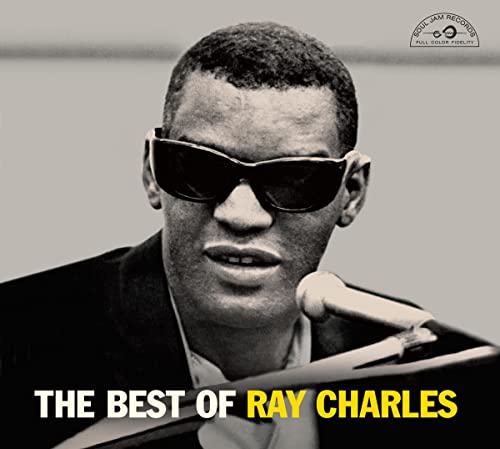 Ray Charles in sunglasses at a piano, album cover art.
