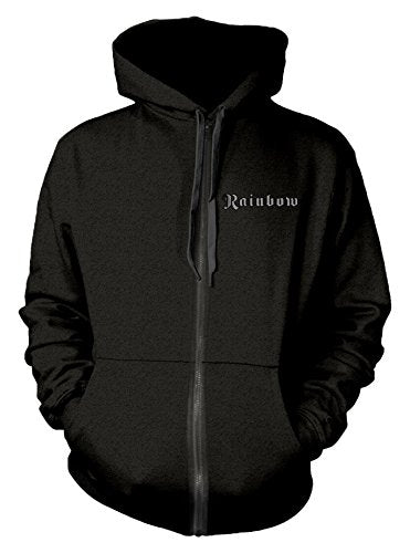"Black zip-up hoodie sweatshirt with 'Rainbow' text on the left chest."