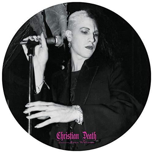 A circular vinyl record with a black-and-white image of a man holding a microphone.