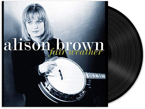 Vinyl record sleeve with a woman holding a banjo, partially covering a black vinyl.