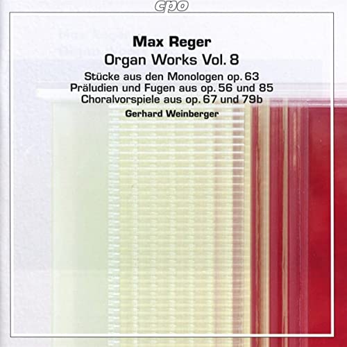 CD cover for Max Reger’s Organ Works, Vol. 8, featuring abstract red and white lines.