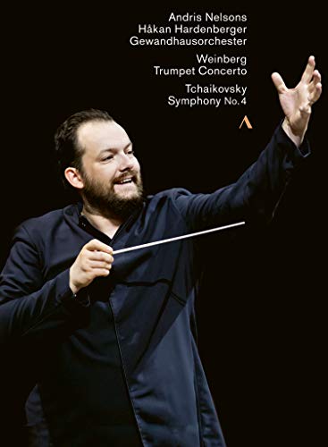 Conductor with baton against a black background, white text listing artists and compositions.