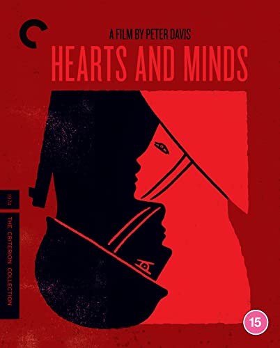 Red movie poster for “Hearts and Minds” featuring a soldier’s silhouette.