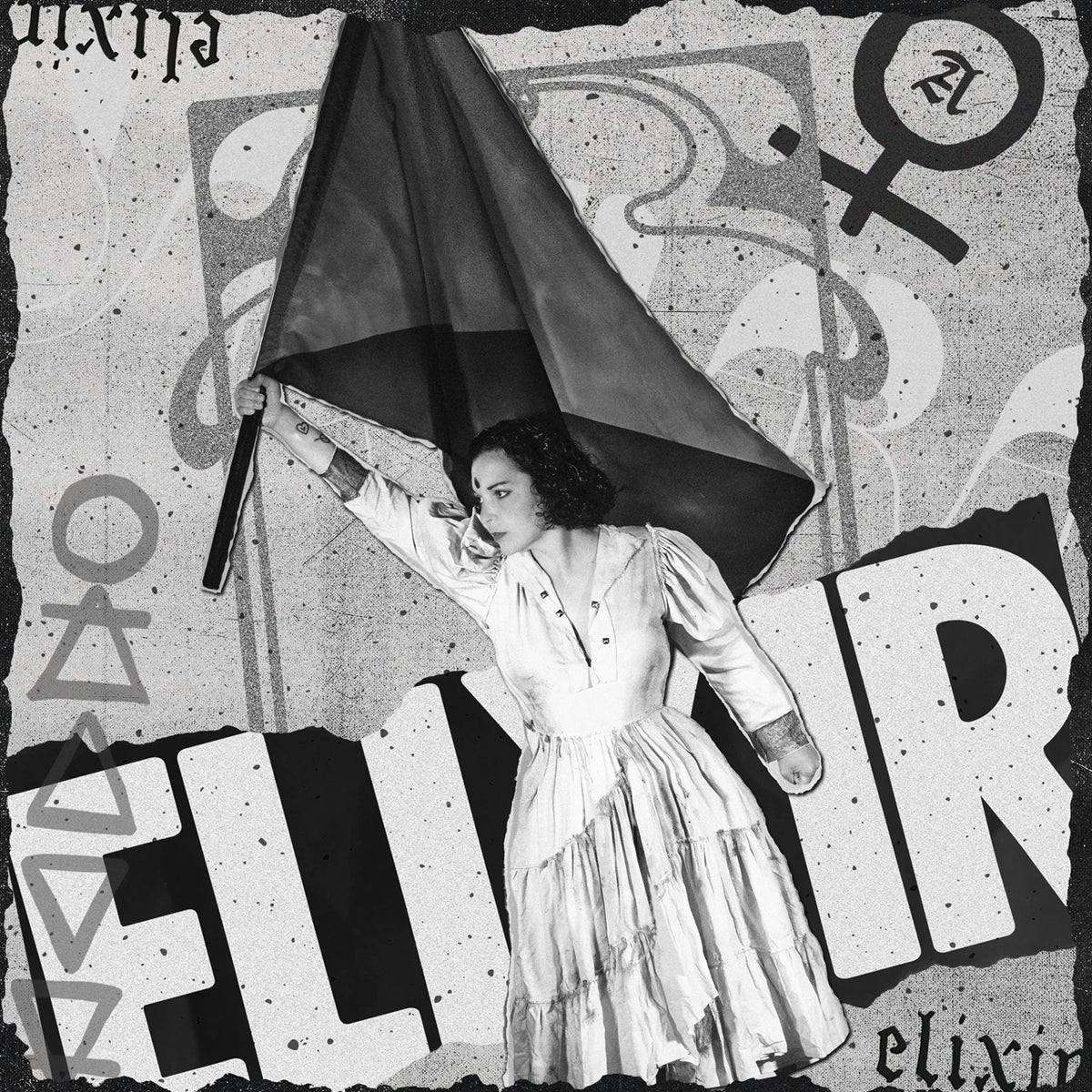 Black and white CD cover featuring a woman holding a dark flag.