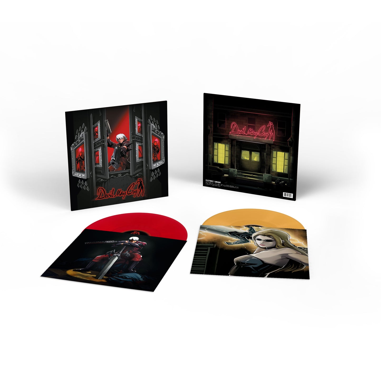 "Two vinyl records with anime-style artwork, packaged in black sleeves with Devil May Cry theme."