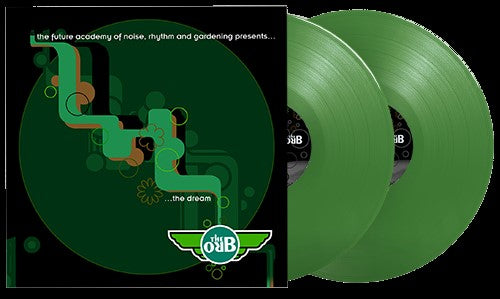 "Green vinyl records and album cover with abstract design on a black background."