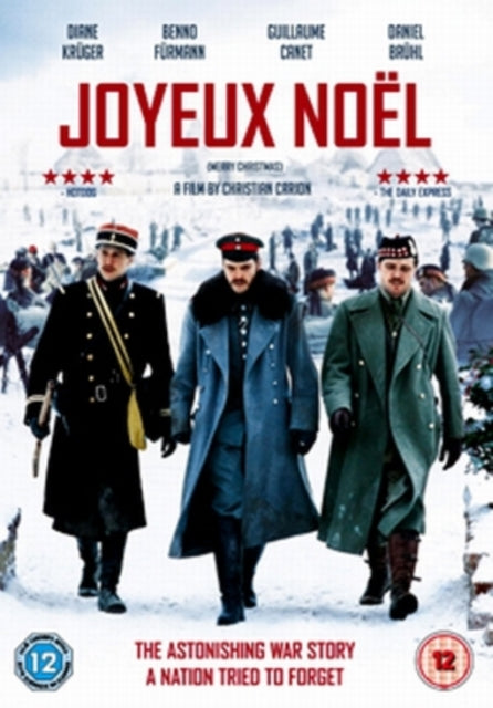 DVD cover for "Joyeux Noel" featuring three soldiers in winter uniforms walking together.