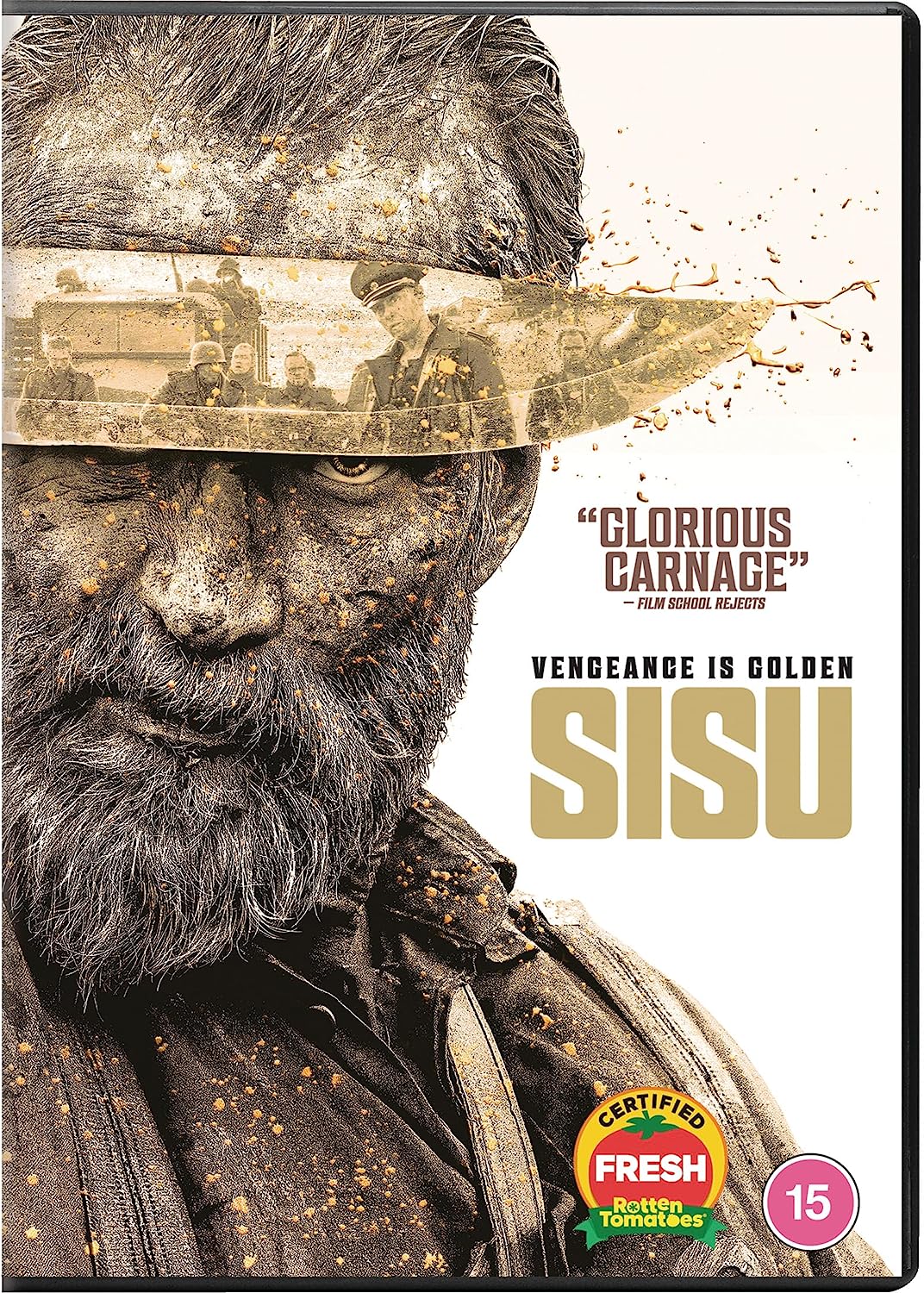 "Sisu DVD cover featuring a bearded man with a grimy face and explosive imagery."