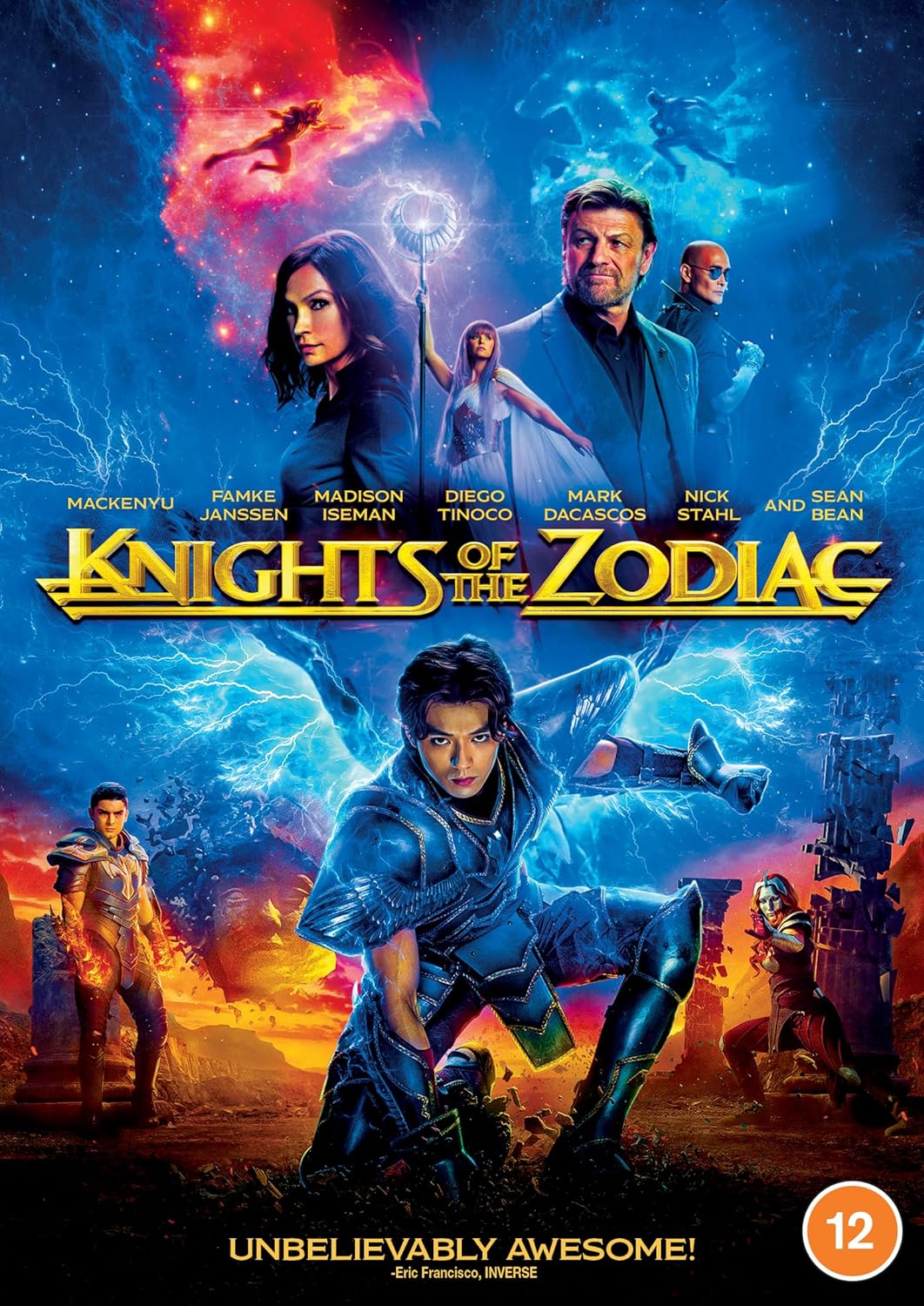 Knights of the Zodiac" DVD cover featuring actors amidst swirling energy effects.