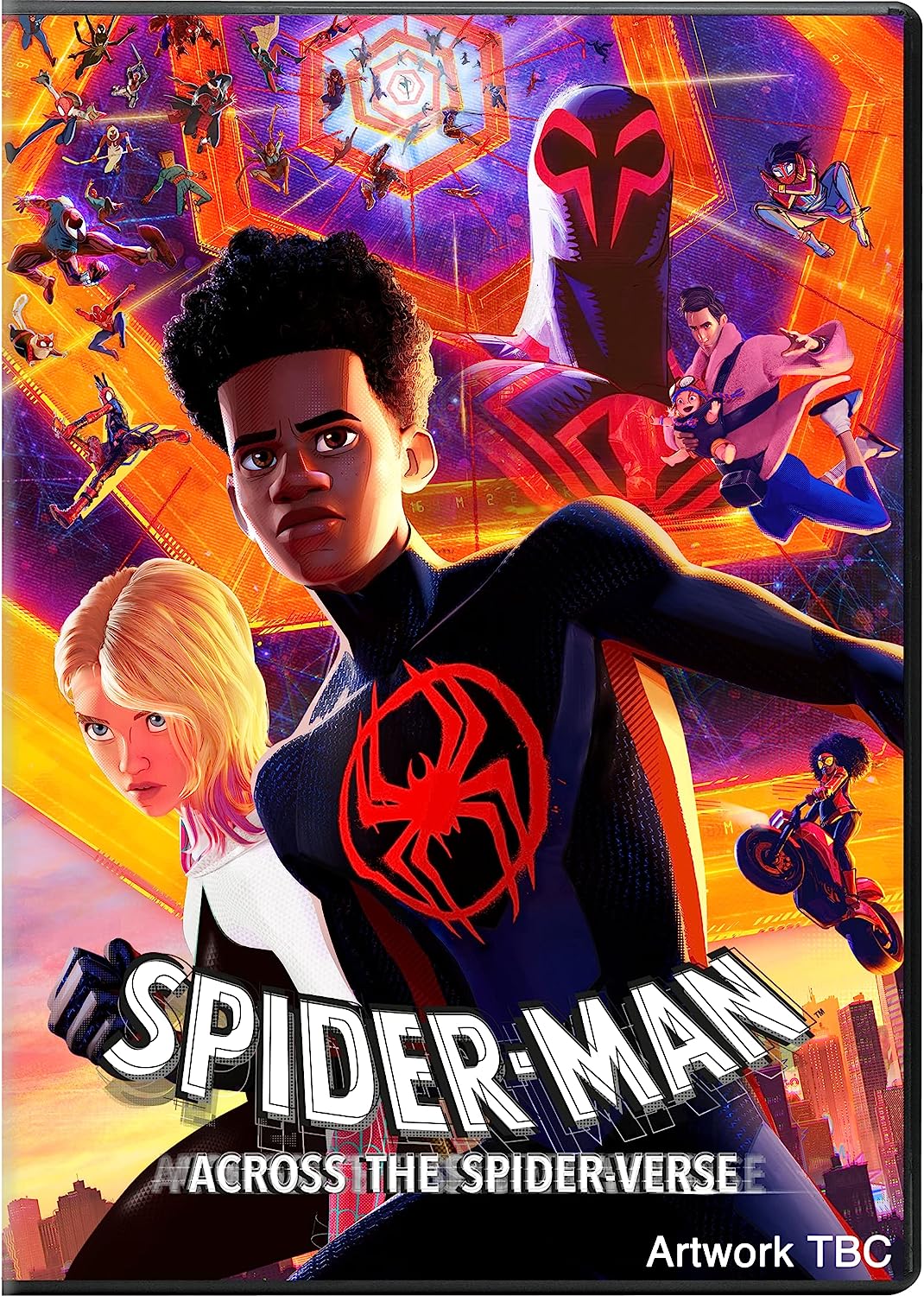 "Spider-Man: Across The Spider-Verse DVD cover featuring animated characters and vibrant cityscape background."