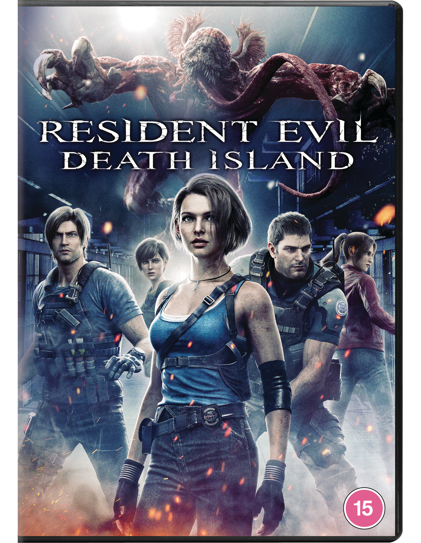 "DVD case cover featuring characters and a monster, titled 'Resident Evil: Death Island'."