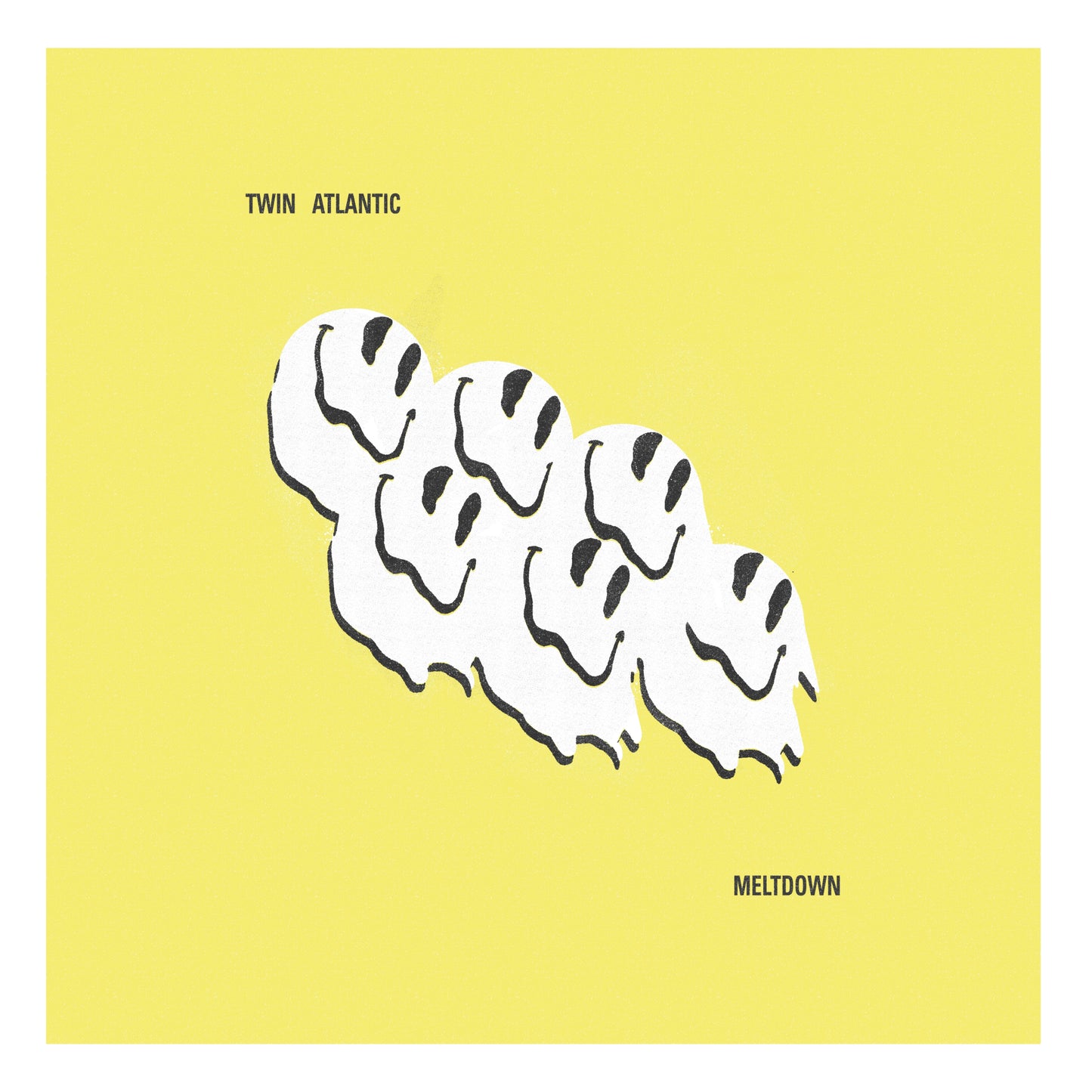 Yellow album cover for Twin Atlantic’s “Meltdown” with melting face illustrations.