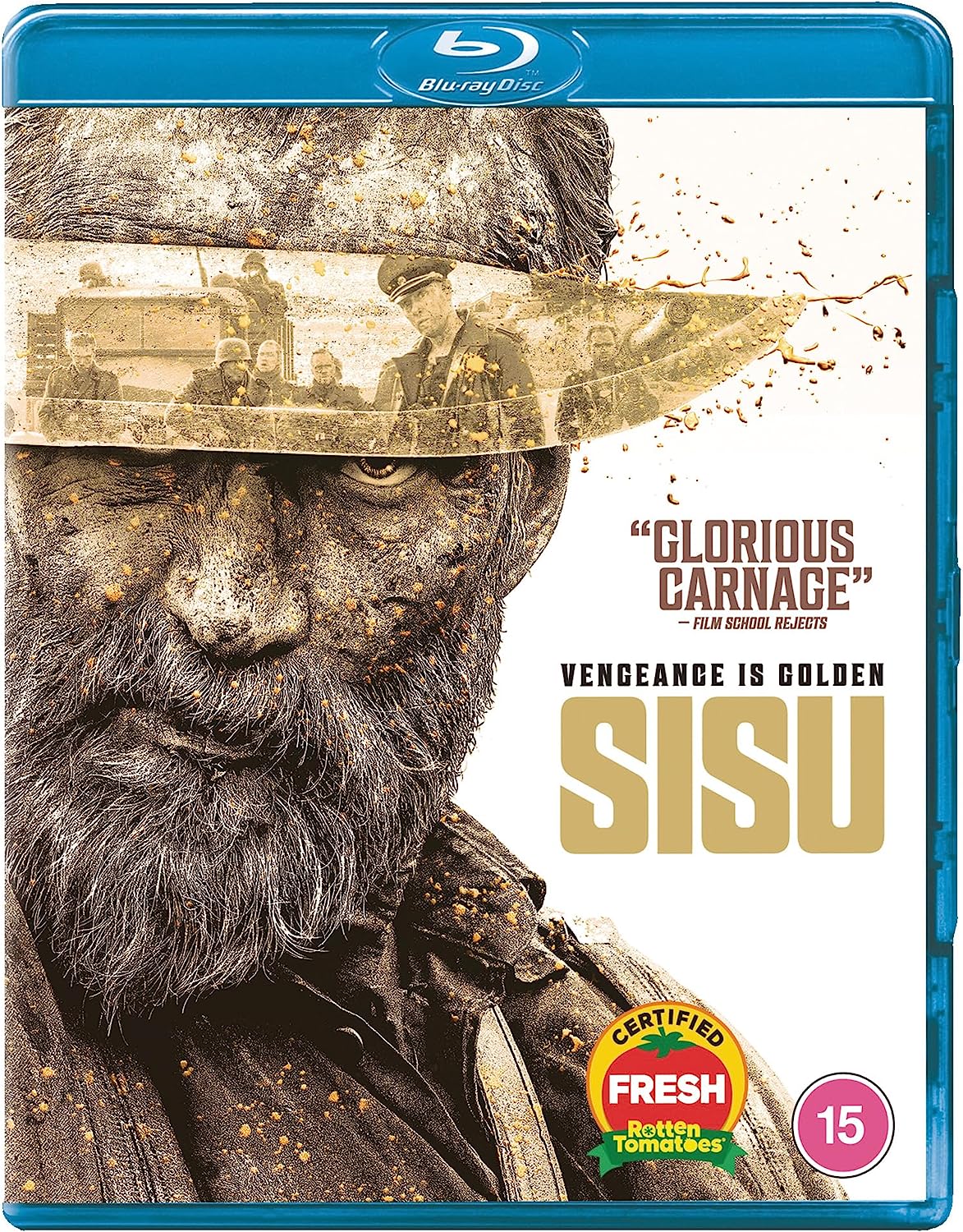 "SISU" Blu-ray case with a bearded man and "CERTIFIED FRESH" and "15" ratings.