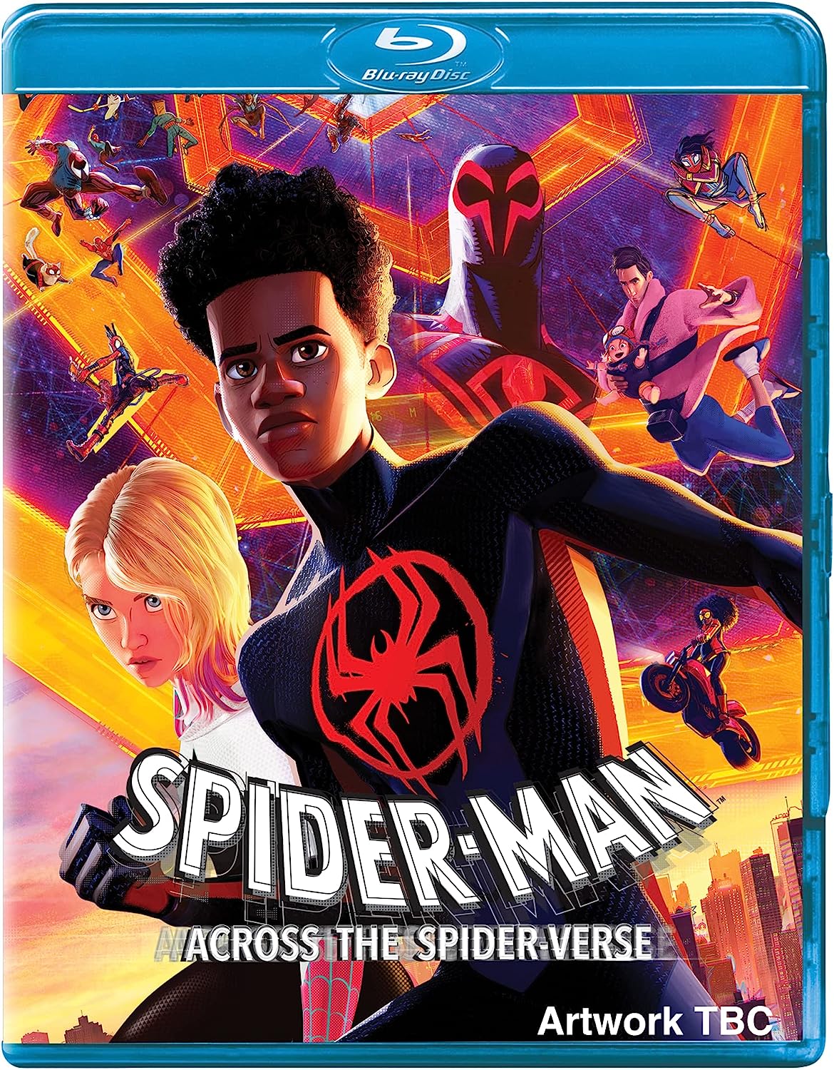 "Blue Blu-ray case with 'Spider-Man: Across The Spider-Verse' cover art featuring animated characters."