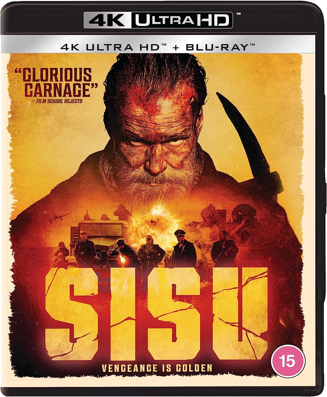 "4K Ultra HD case with 'Sisu' movie cover, featuring a bloody man and soldiers."