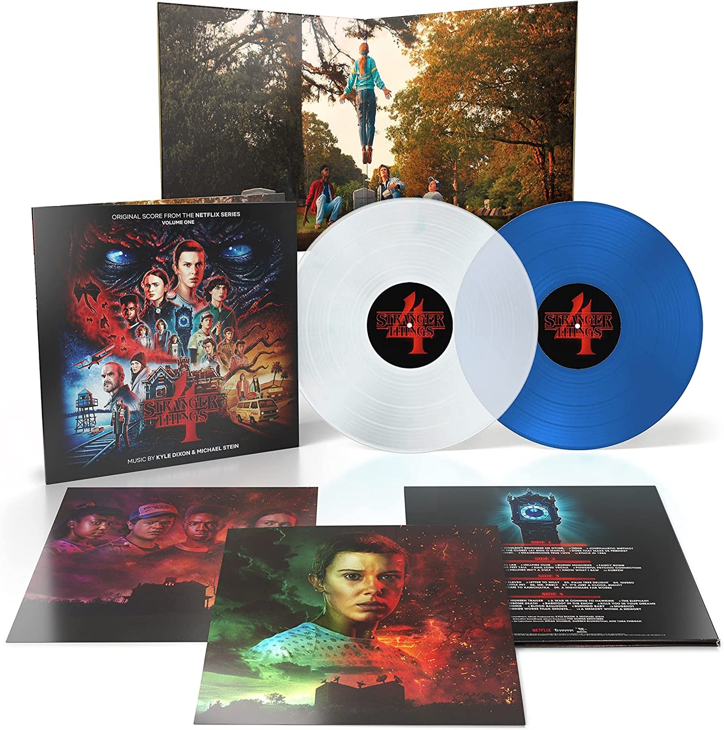 "Stranger Things 4 vinyl record set with white and blue discs and artwork."