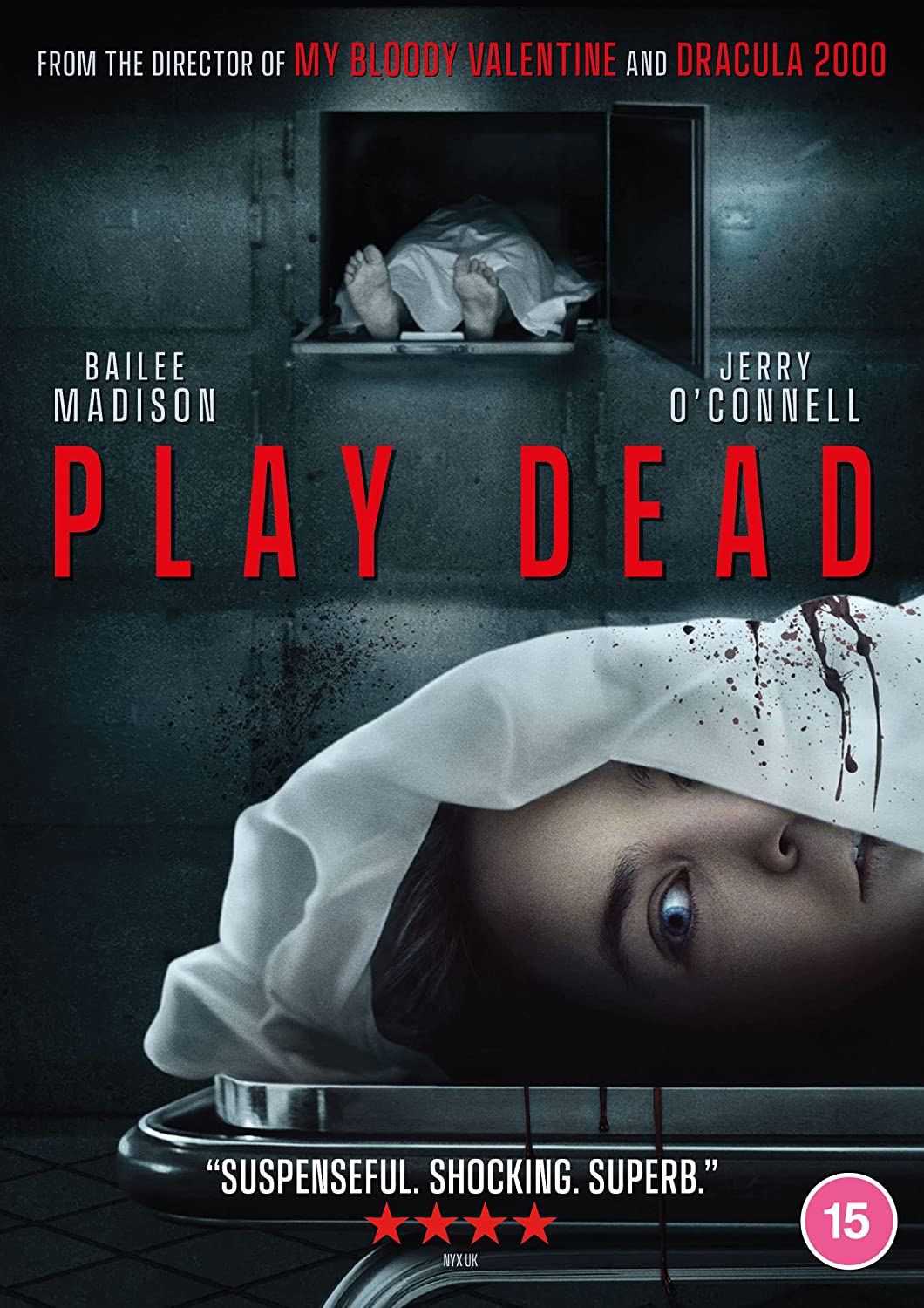 DVD cover for horror film "Play Dead" featuring a bloodied face and bodies.