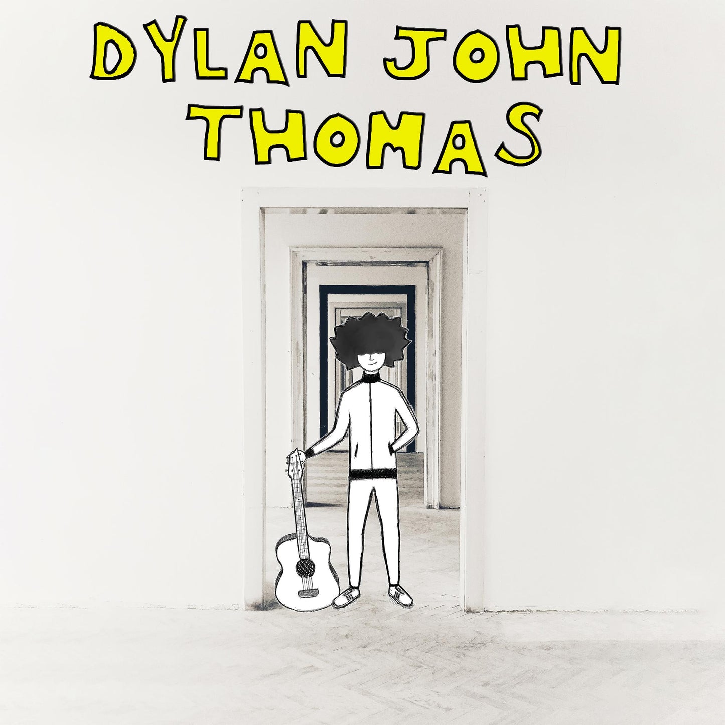 Black and white illustration of a musician with a guitar, album title above.