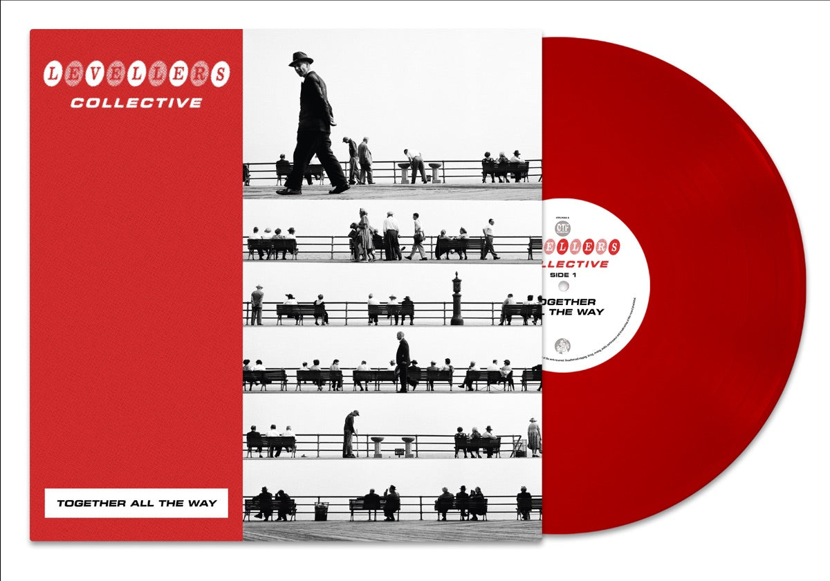 Red vinyl record and album cover with black and white pier scene images.