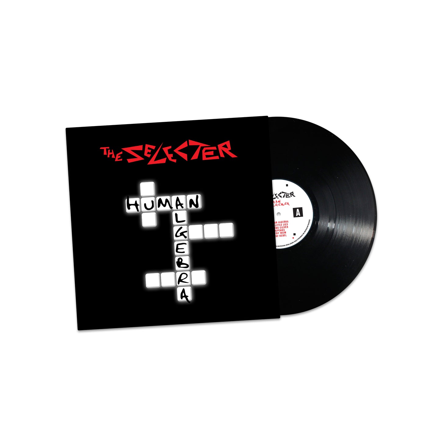 "Black vinyl record with sleeve, featuring 'The Selecter' and 'Human Algebra' in crossword design."