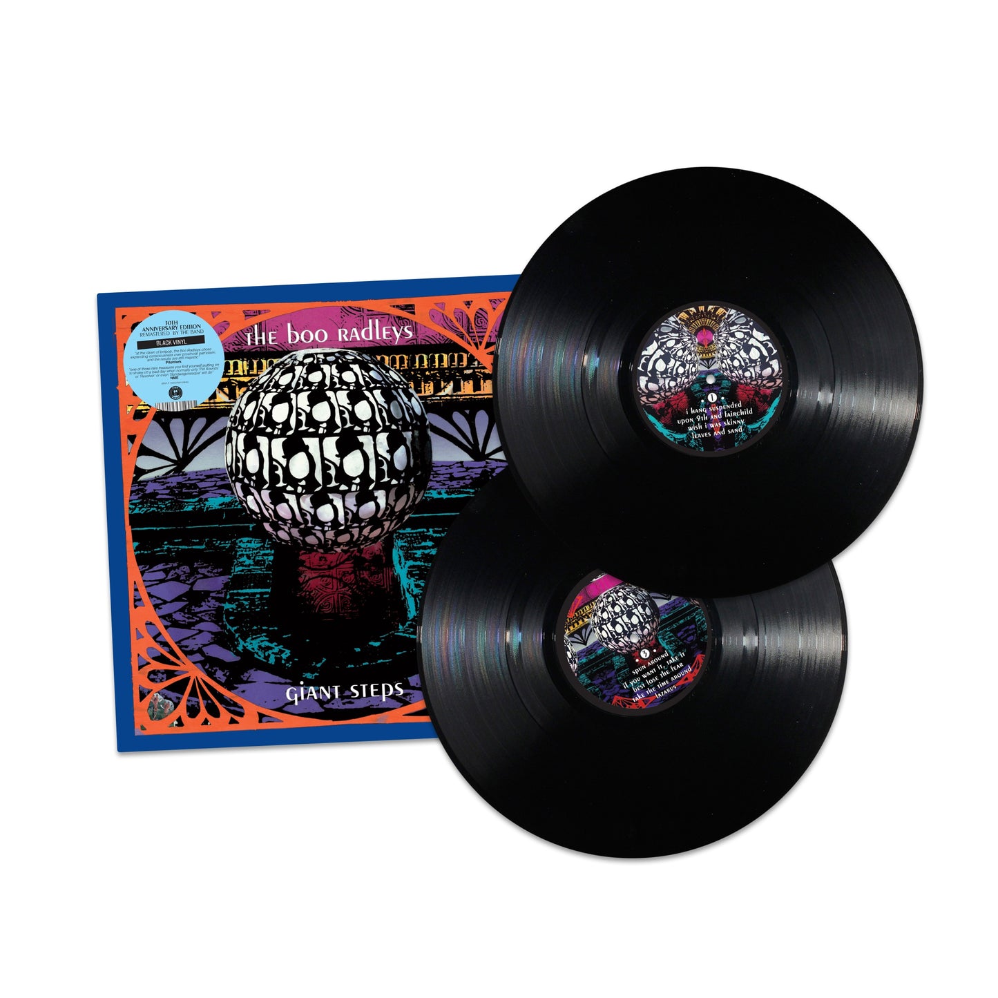 "Two black vinyl records with colorful album cover featuring a disco ball design."