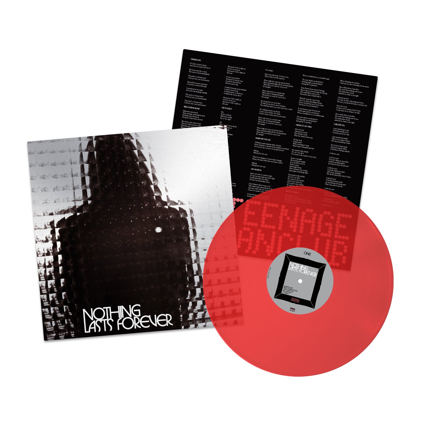 "Red vinyl record with album cover and lyrics insert, 'Nothing Lasts Forever' by Teenage Fanclub."