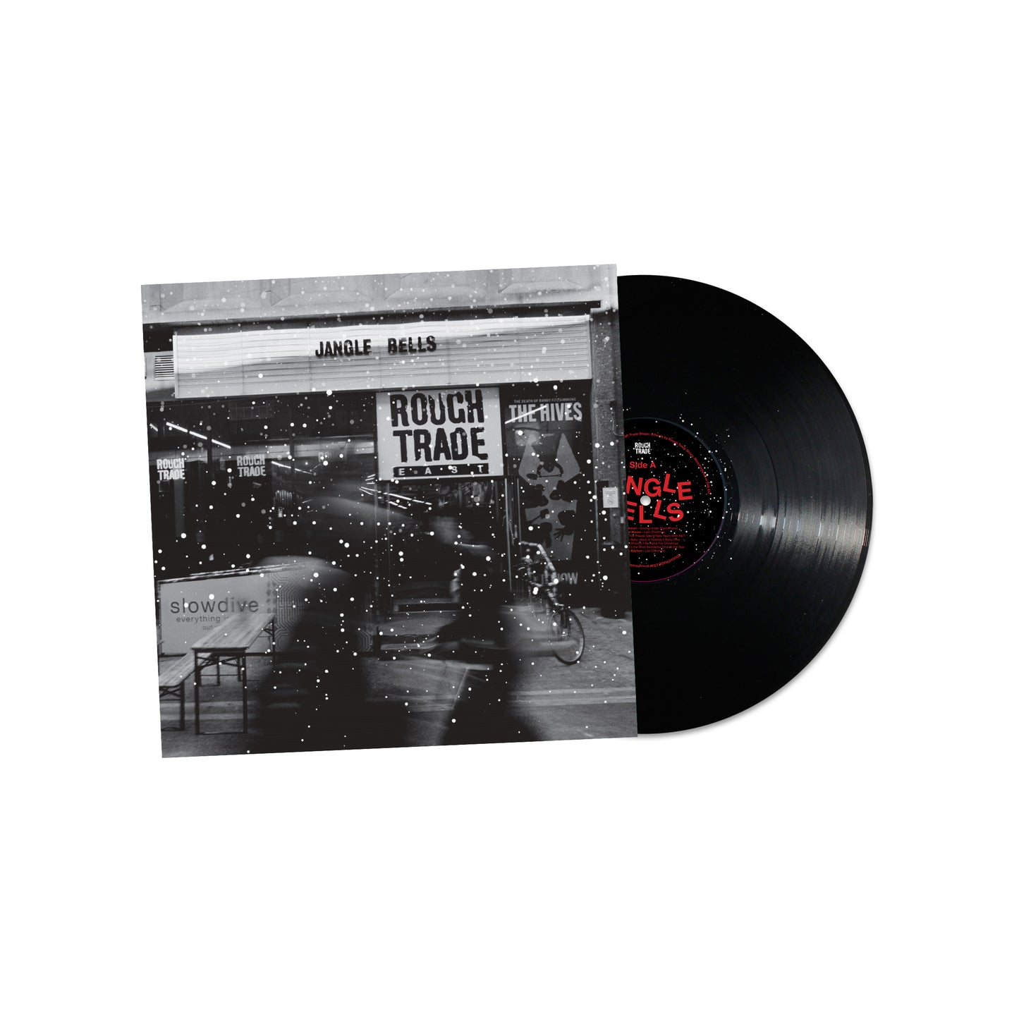 Black vinyl record with monochrome album cover featuring a snowy street scene.
